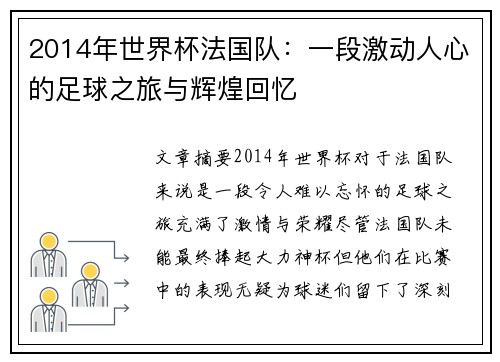 2014年世界杯法国队：一段激动人心的足球之旅与辉煌回忆